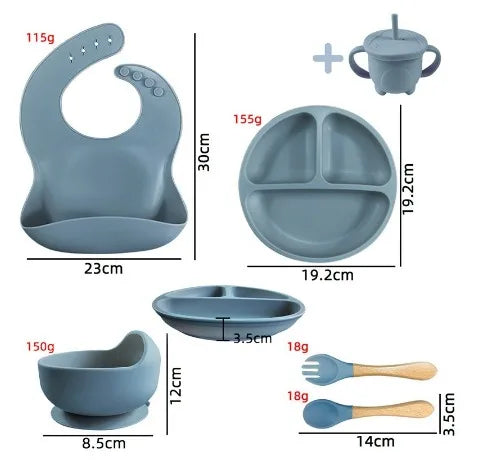 Conjunto Kit de Alimentação para Bebês de Silicone 8 Peças - Prato, Babador, Copo, Tigela e Talheres.