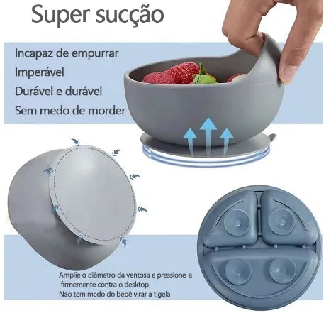 Conjunto Kit de Alimentação para Bebês de Silicone 8 Peças - Prato, Babador, Copo, Tigela e Talheres.