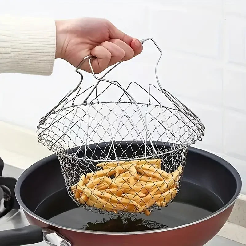 Cesta Multifuncional Cremalheira Fritura Dobrável De Aço, Para Batata Frita, Macarrão e Cozimento À Vapor  - Malha Mágical