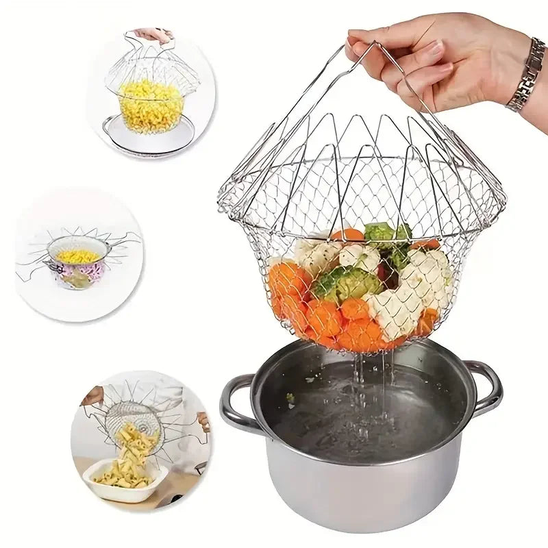 Cesta Multifuncional Cremalheira Fritura Dobrável De Aço, Para Batata Frita, Macarrão e Cozimento À Vapor  - Malha Mágical